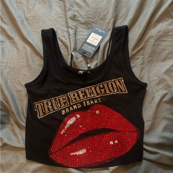 True Religion Black Sequin Graphic Crop Tank - Picture 1 of 3